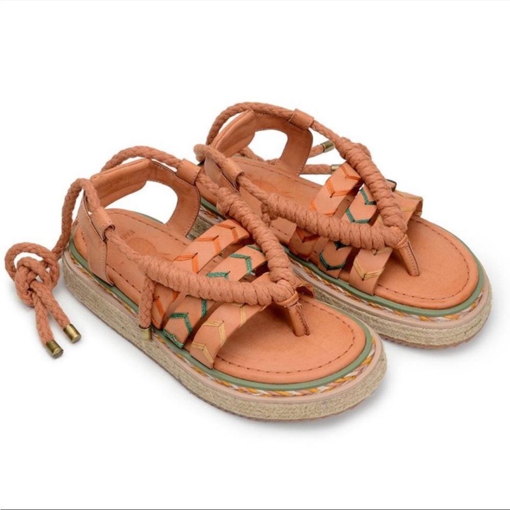 FARM Rio Coral Braided Espadrille Sandals with Green & Yellow Accents